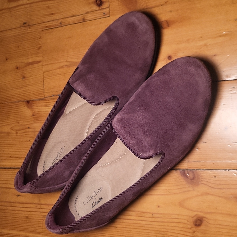 Clarks Suede Sara Poppy Purple Loafers